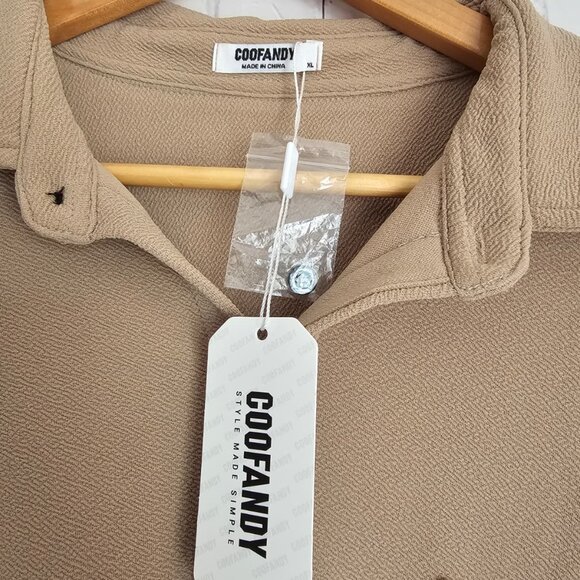 COOFANDY Men Beige Taupe Button Front Long Sleeve Stretch Shirt Pocket Size XL - Picture 11 of 14